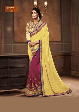 Yellow and Rani Saree with Heavy Zari, resham embroidery and stone work