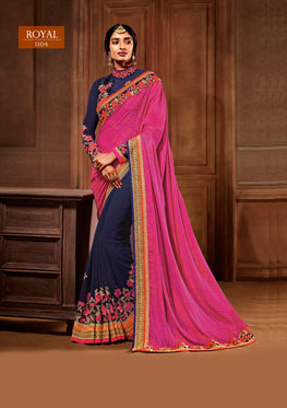 Rani and Blue Saree with Heavy Zari, resham embroidery and stone work