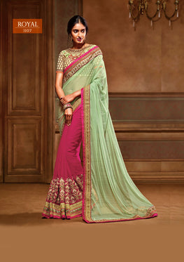 Sea Green and Rani Saree with Heavy Zari, resham embroidery and stone work
