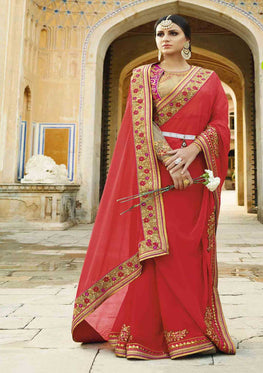 Red Banglori Silk Net Saree with Heavy Zari, resham embroidery and stone work