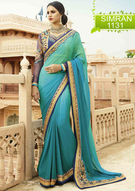 Sky Blue Chiffon Saree with Heavy Zari, resham embroidery and stone work