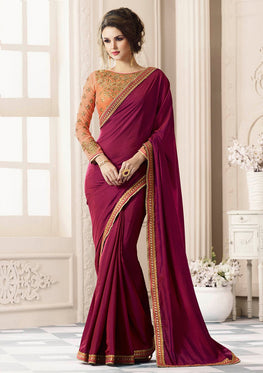 Wine Silk Saree with Heavy Zari, resham embroidery and stone work