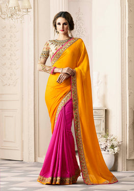 Yellow+Pink Crepe+Banarshi Silk Saree with Heavy Zari, resham embroidery and stone work