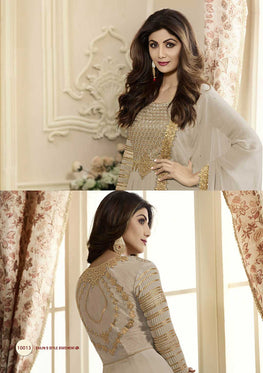 Cream Georgette Embroieded Anarkali & Chiffon Dupatta