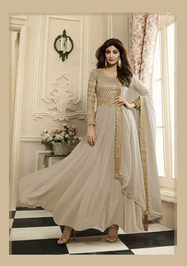 Cream Georgette Embroieded Anarkali & Chiffon Dupatta