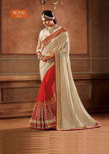Cream and red Saree with Heavy Zari, resham embroidery and stone work