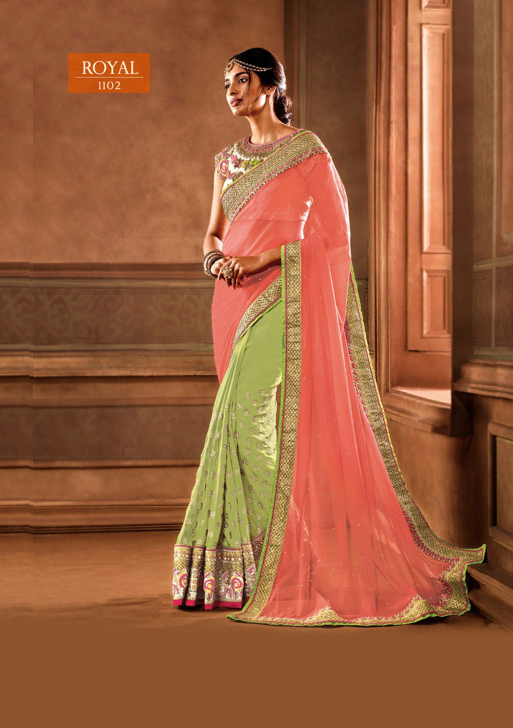 Pink and Green Saree with Heavy Zari, resham embroidery and stone work