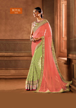 Pink and Green Saree with Heavy Zari, resham embroidery and stone work