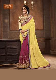 Yellow and Rani Saree with Heavy Zari, resham embroidery and stone work