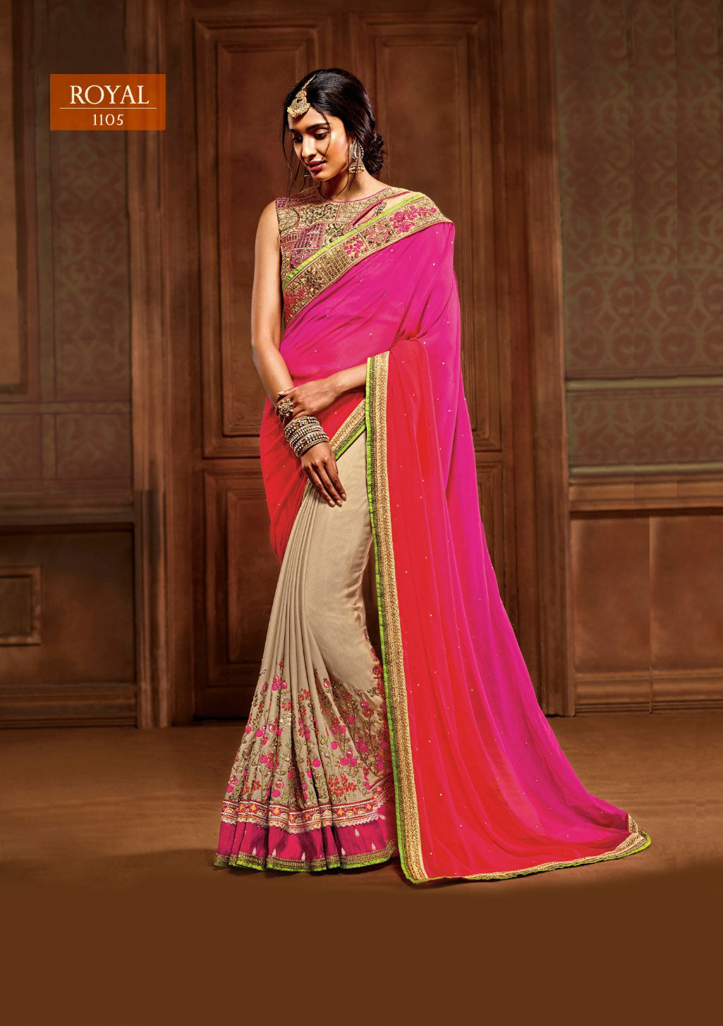 Pink,Red and Cream Saree with Heavy Zari, resham embroidery and stone work