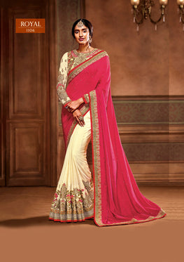 Pink and Cream Crepe Saree with Heavy Zari, resham embroidery and stone work