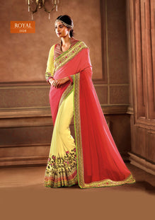 Pink and Yellow Saree with Heavy Zari, resham embroidery and stone work