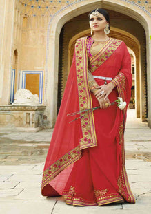 Red Banglori Silk Net Saree with Heavy Zari, resham embroidery and stone work