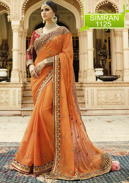 Orange Magic Silk Saree with Heavy Zari, resham embroidery and stone work