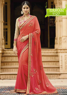 Red+Pink Faux Georgette  Saree with Heavy Zari, resham embroidery and stone work