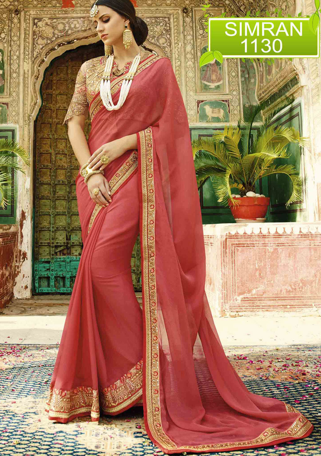Pink Chiffon Saree with Heavy Zari, resham embroidery and stone work