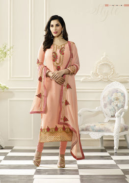 Peach Georgette Embroieded Salwar Suit & Chiffon Embroieded Dupatta