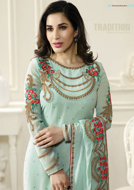 Sky Blue Georgette Embroidered Salwar Suit & Chiffon Embroidered Dupatta