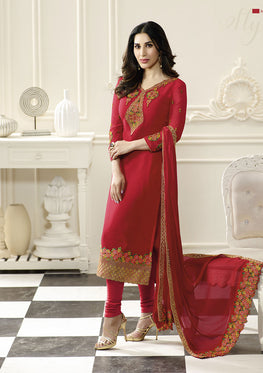 Red Georgette Embroidered Salwar Suit & Chiffon Embroidered Dupatta