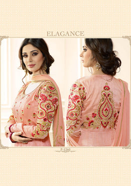 Peach Raw Silk Embroidered Anarkali Salwar Suit & Chiffon Embroidered Dupatta