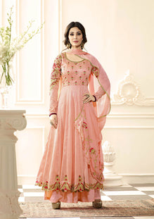 Peach Raw Silk Embroidered Anarkali Salwar Suit & Chiffon Embroidered Dupatta