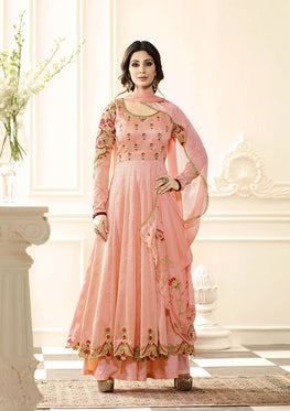 Peach Raw Silk Embroidered Anarkali Salwar Suit & Chiffon Embroidered Dupatta