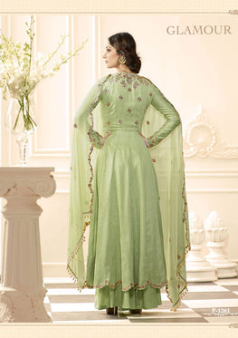 Green Raw Silk Embroieded Anarkali & Chiffon Embroieded Dupatta