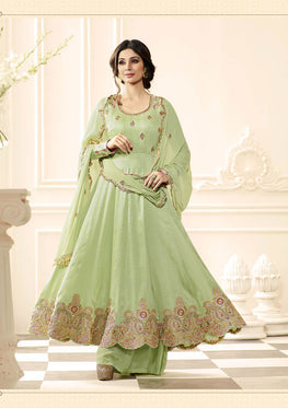 Green Raw Silk Embroieded Anarkali & Chiffon Embroieded Dupatta
