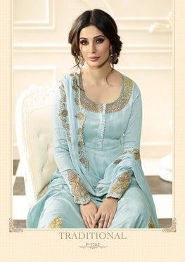 Sky Raw Silk Embroieded Anarkali & Chiffon Embroieded Dupatta