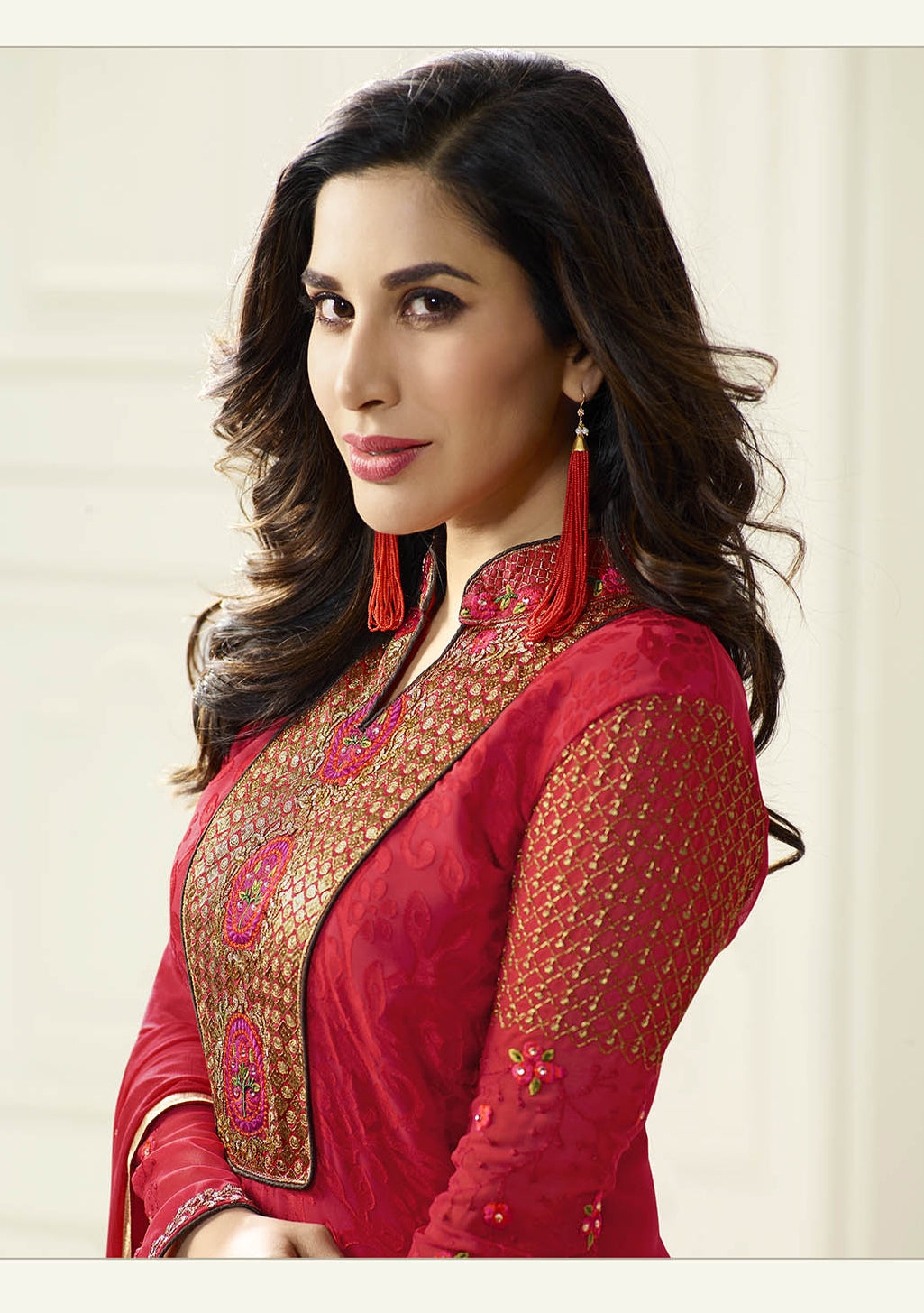 Red Brasso Embroidered Salwar Suit Top & Chiffon Embroieded Dupatta With Stone Work