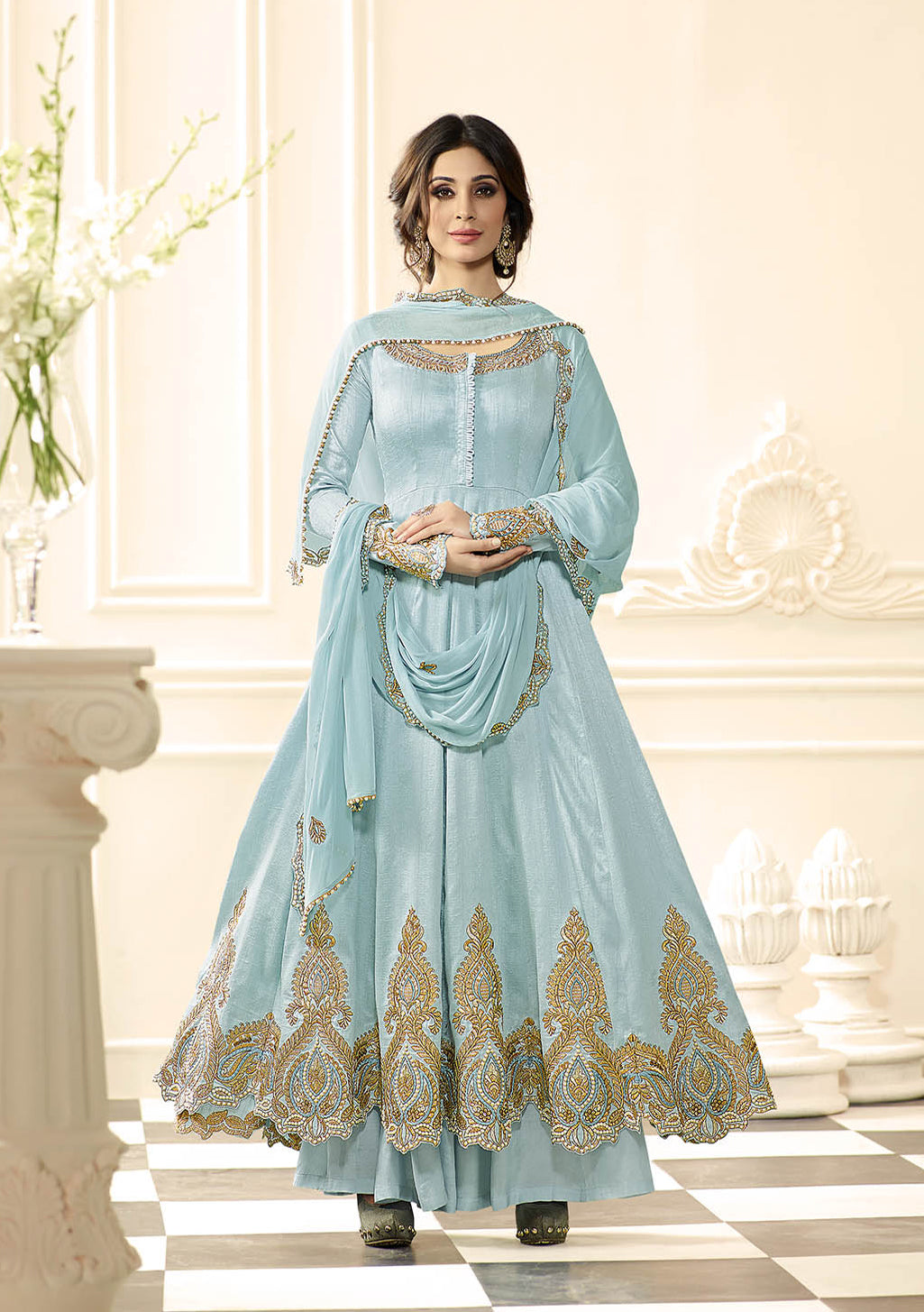 Sky Raw Silk Embroieded Anarkali & Chiffon Embroieded Dupatta
