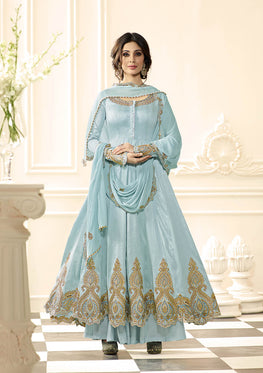 Sky Raw Silk Embroieded Anarkali & Chiffon Embroieded Dupatta