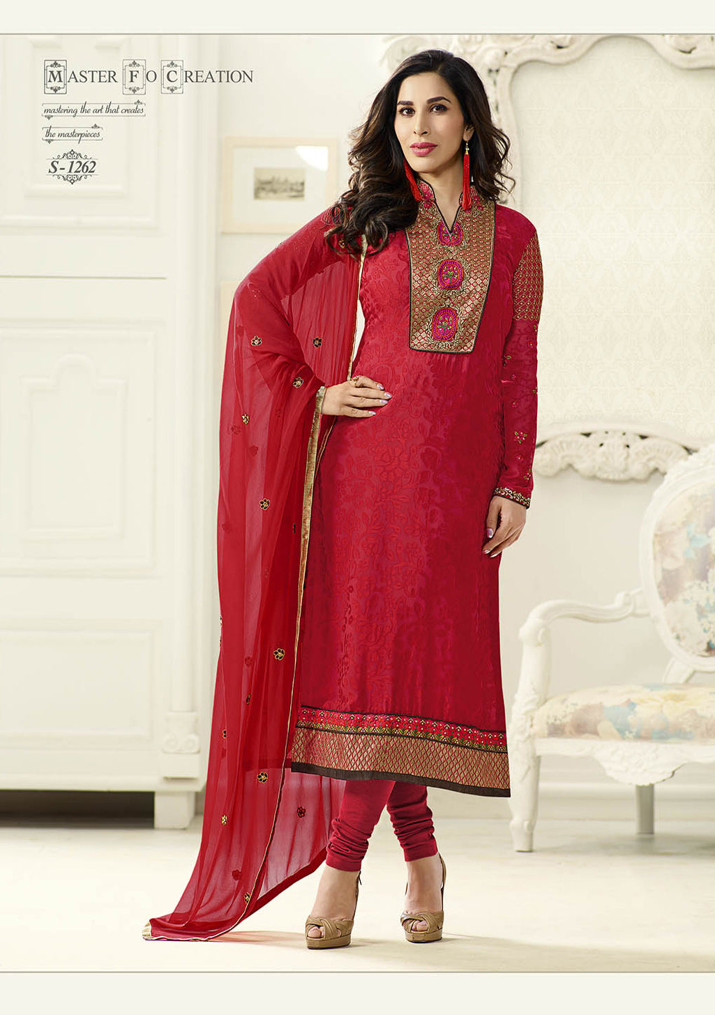 Red Brasso Embroidered Salwar Suit Top & Chiffon Embroieded Dupatta With Stone Work
