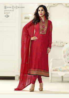 Red Brasso Embroidered Salwar Suit Top & Chiffon Embroieded Dupatta With Stone Work