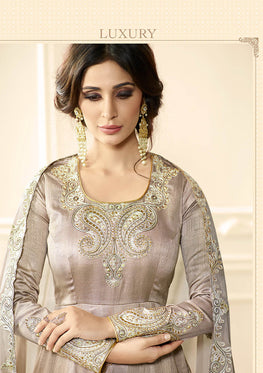 Gray Raw Silk Embroieded Anarkali & Chiffon Embroieded Dupatta