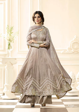 Gray Raw Silk Embroieded Anarkali & Chiffon Embroieded Dupatta