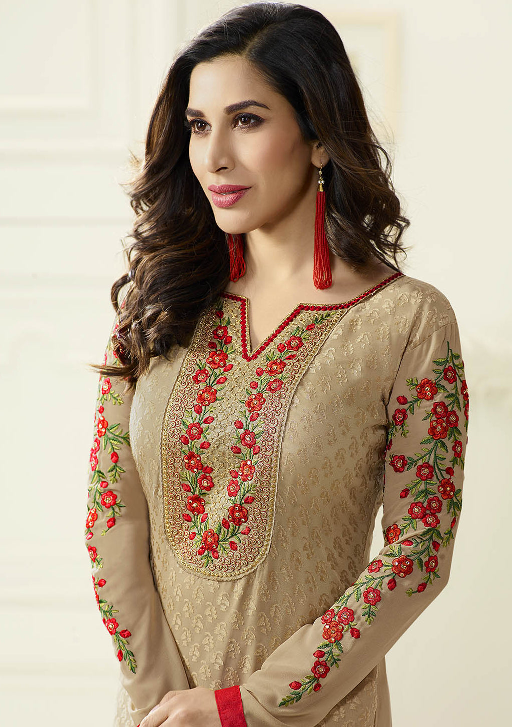 Beige Brasso Embroidered Salwar Suit Top & Chiffon Embroidered Dupatta