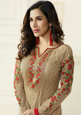 Beige Brasso Embroidered Salwar Suit Top & Chiffon Embroidered Dupatta