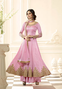 Pink Raw Silk Embroieded Anarkali Salwar Suit & Chiffon Embroieded Dupatta