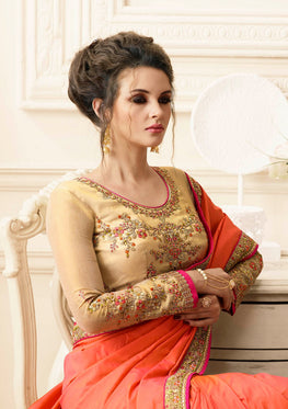 Orange Paper Silk Saree with Heavy Zari, resham embroidery and stone work