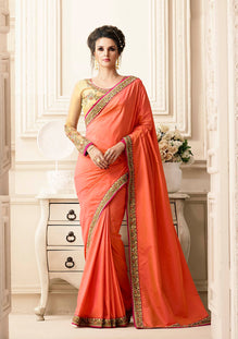 Orange Paper Silk Saree with Heavy Zari, resham embroidery and stone work