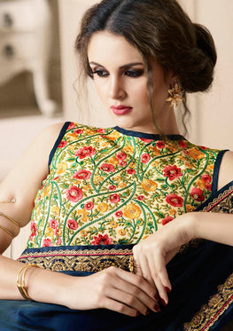 Navy Blue Silk Saree with Heavy Zari, resham embroidery and stone work