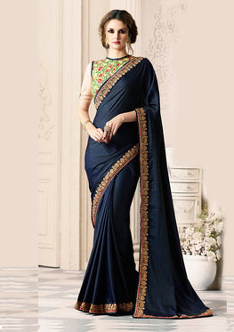 Navy Blue Silk Saree with Heavy Zari, resham embroidery and stone work