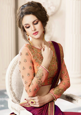 Wine Silk Saree with Heavy Zari, resham embroidery and stone work