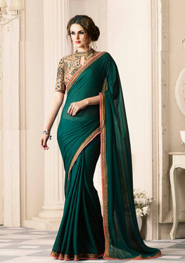 Dark Green Bamberg  Silk Saree with Heavy Zari, resham embroidery and stone work