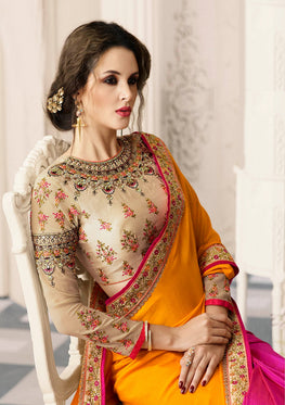 Yellow+Pink Crepe+Banarshi Silk Saree with Heavy Zari, resham embroidery and stone work