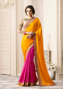 Yellow+Pink Crepe+Banarshi Silk Saree with Heavy Zari, resham embroidery and stone work
