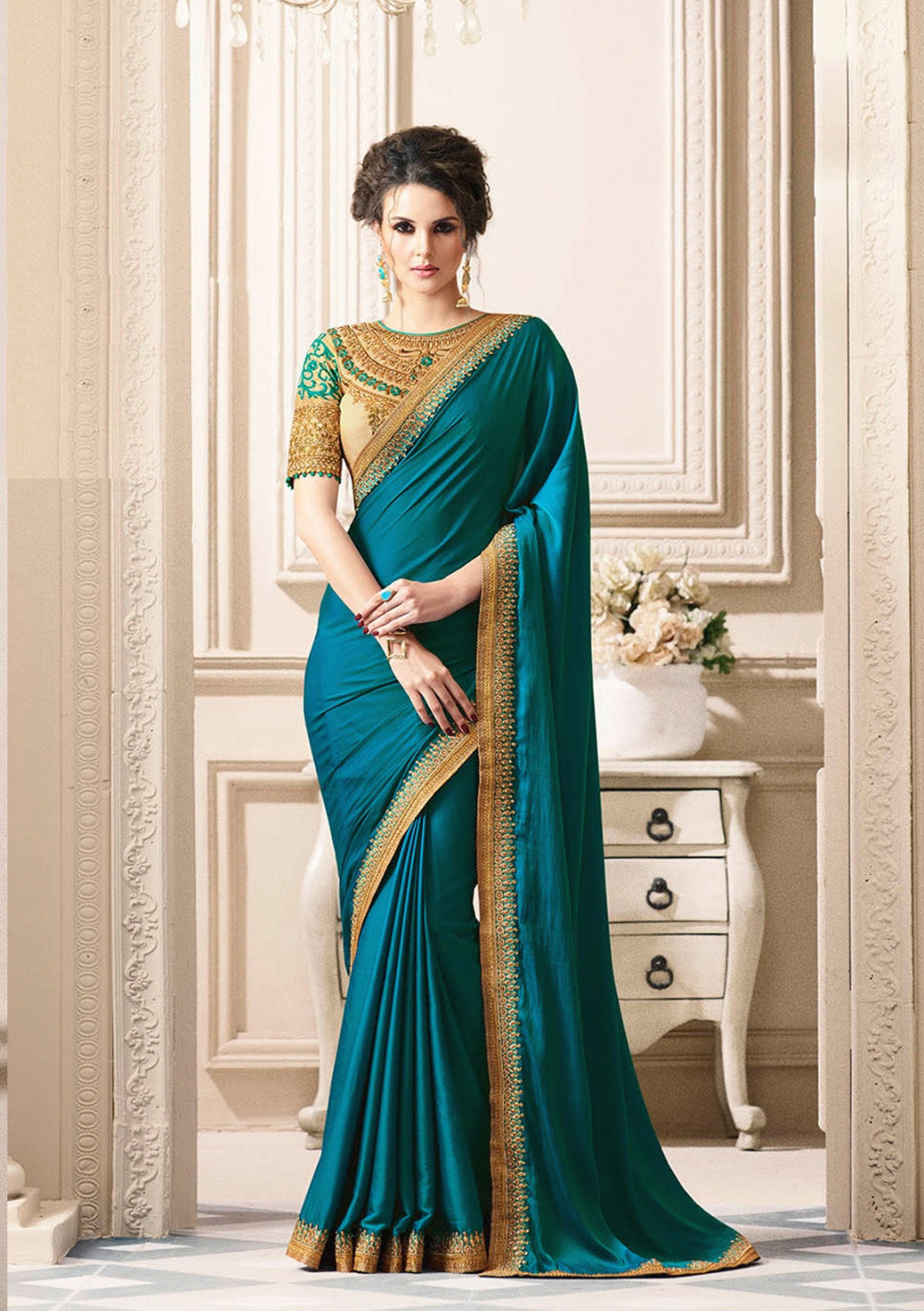 Blue Silk Saree with Heavy Zari, resham embroidery and stone work
