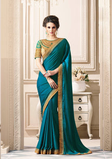 Blue Silk Saree with Heavy Zari, resham embroidery and stone work