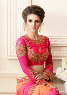 Orange +Pink Saree with Heavy Zari, resham embroidery and stone work